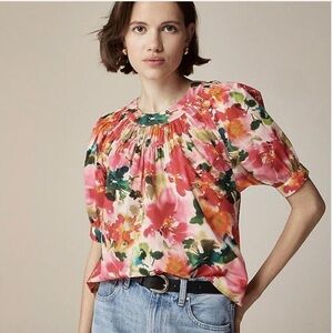 ⭐️ J. Crew Smock-neck puff-sleeve top in floral cotton poplin Size SMALL
